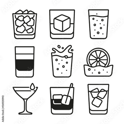 Stylish Drink Icons. Outline style icons of Ice and Mixers in Glass: crushed ice in tumbler, large cube in whiskey glass,