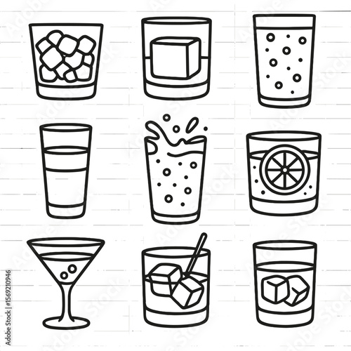 Stylish Drink Icons. Outline style icons of Ice and Mixers in Glass: crushed ice in tumbler, large cube in whiskey glass,
