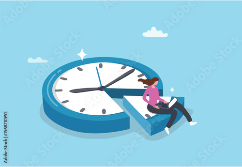 Part-time job, work tracking system, day planning or time management, side hustle or office work deadline, start and end time schedule concept, businesswoman working with laptop on split time clock