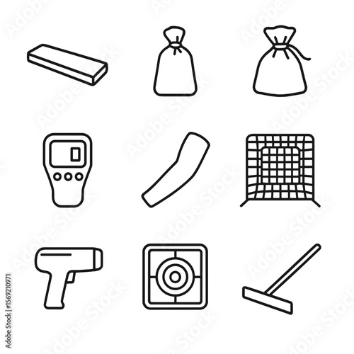 Pitching Equipment Icons. Outline style icons of Pitching Equipment: pitcher’s rubber, resin bag, rosin pouch, pitch tracker