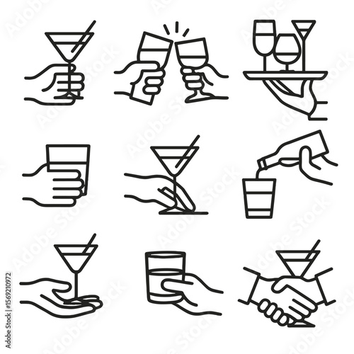 Drink Icon Silhouettes. Outline style icons of Hand-Held Drink Silhouettes: cocktail in hand, cheers with drink, tray with