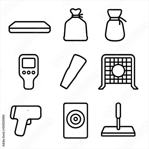 Pitching Equipment Icons. Outline style icons of Pitching Equipment: pitcher’s rubber, resin bag, rosin pouch, pitch tracker