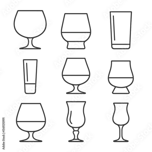 Spirit Glass Icons. Outline style icons of Spirit-Specific Glasses: gin and tonic glass, rum glass, vodka glass, tequila shot