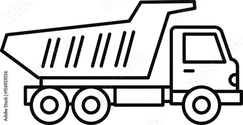 Simple black and white illustration of a dump truck, side view.