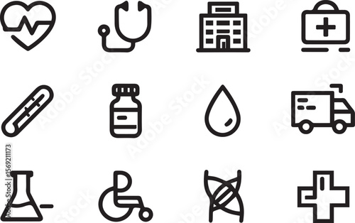 Medical Line Icon Set contains Stethoscope, Ambulance, Nurse, Doctor, Syringe, Serum, First Aid Kit and so on icons.