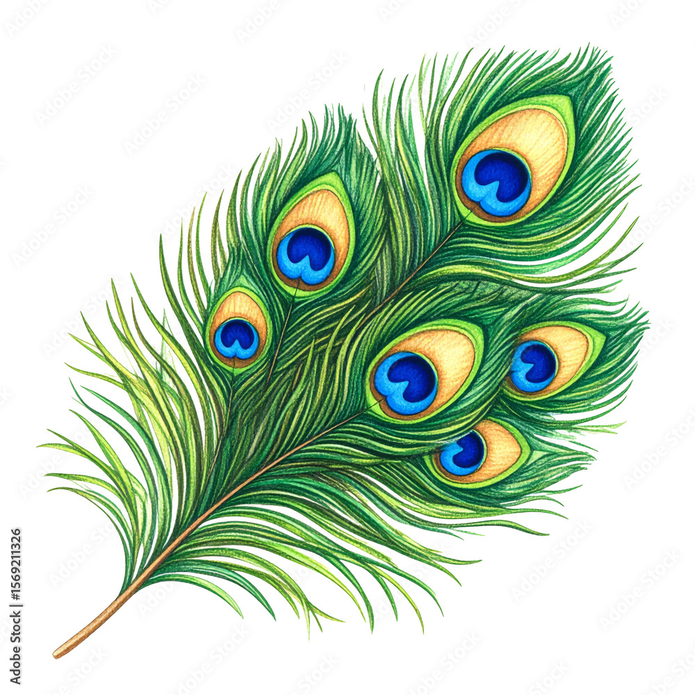 Obraz premium Green Peacock Feather Detailed Watercolor Illustration