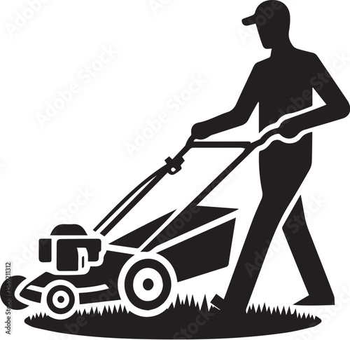 Man pushing an old green lawn mower silhouette.