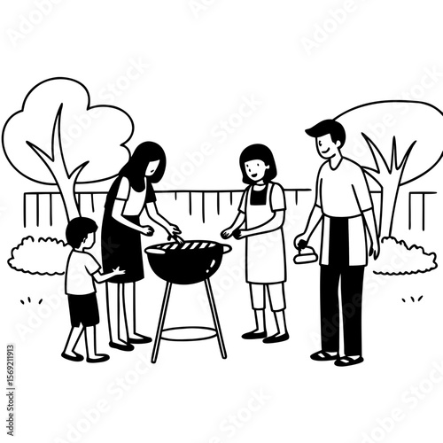 Couple standing with their kids in their backyard making barbequ