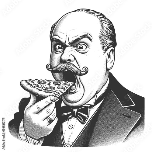 gentleman in formal attire aggressively biting into a slice of pepperoni pizza sketch engraving generative ai fictional character vector illustration. Scratch board imitation. Black and white image.