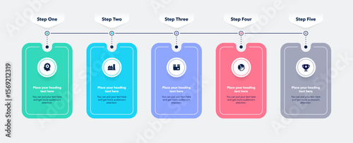 Horizontal process flow diagram with five steps. Flat presentation template with minimalistic icons for data visualization.