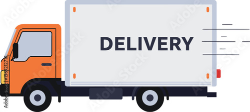Orange delivery truck moving quickly, transporting goods with speed.