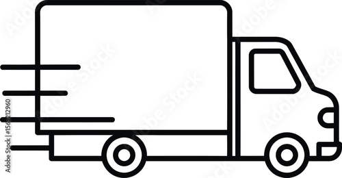A line drawing of a delivery truck moving quickly to the right.