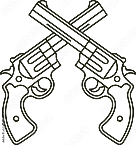 Vector Line Art Crossed Revolvers: Classic Firearms Graphic.
