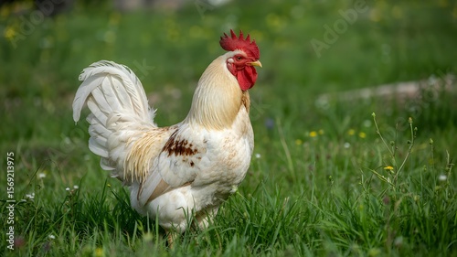 A white rooster standing in grass