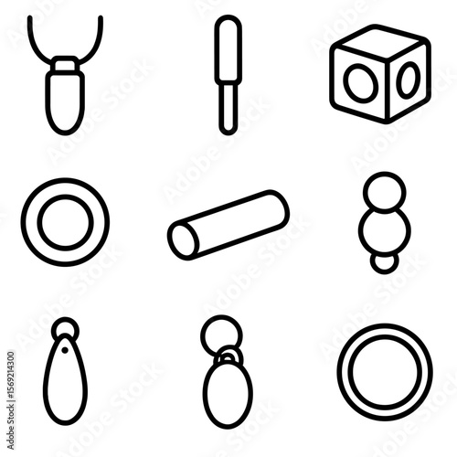 Edible-Safe Chew Icons. Line style icons of Edible-Safe Chew Fidgets: silicone chew necklace, chew pen topper, chew cube, chew