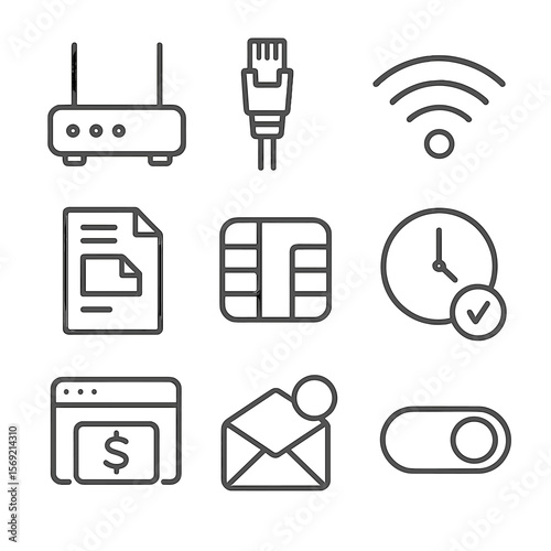Internet Billing Icons. Line style icons of Internet Service Billing: modem router, ethernet cable plug, Wi-Fi signal bars,
