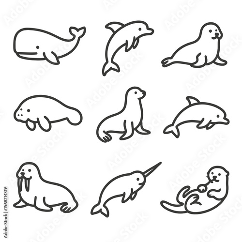 Marine Mammal Icons. Line style icons of Marine Mammals: whale, dolphin, seal, manatee, sea lion, porpoise, walrus, narwhal, otter