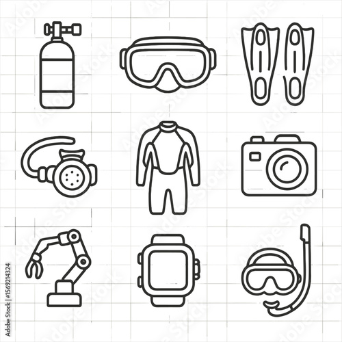 Scuba Dive Gear Icons. Line style icons of Scuba & Dive Gear: scuba tank, dive mask, fins, regulator, wetsuit, underwater camera,