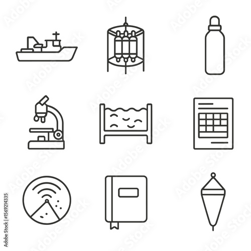 Marine Research Icons. Line style icons of Marine Research Gear: research vessel, CTD sampler, water bottle sampler, microscope,