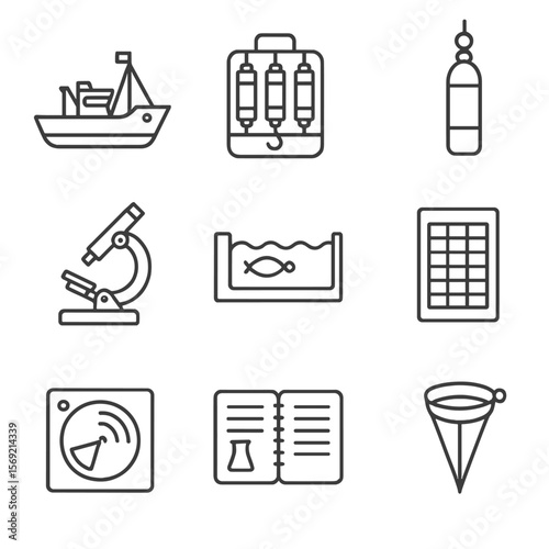 Marine Research Icons. Line style icons of Marine Research Gear: research vessel, CTD sampler, water bottle sampler, microscope,