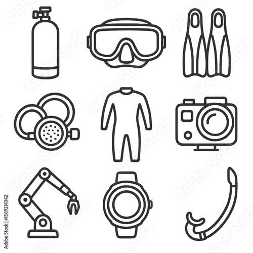 Scuba Dive Gear Icons. Line style icons of Scuba & Dive Gear: scuba tank, dive mask, fins, regulator, wetsuit, underwater camera,