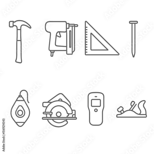 Carpentry Tools Icons. Line style icons of Carpentry and Framing Tools: framing hammer, nail gun, speed square, framing nail,