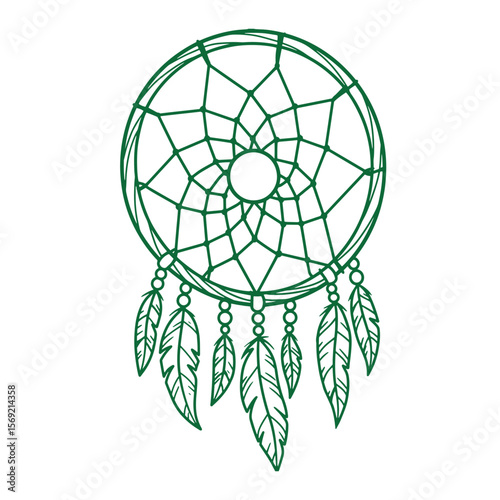 Hand drawn green dreamcatcher design with feathers and bead embellishments isolated on white