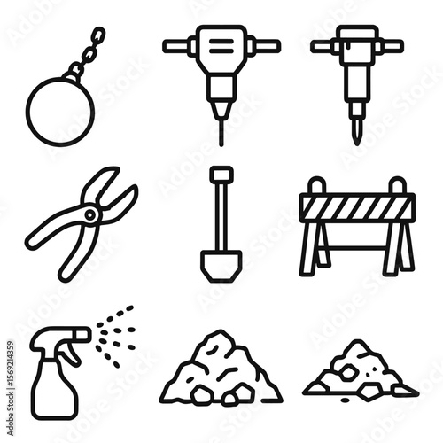 Demolition Tools Icons. Line style icons of Demolition and Wrecking Tools: wrecking ball, concrete breaker, hydraulic hammer,