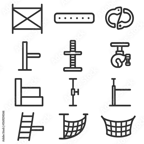 Scaffolding Equipment Icons. Line style icons of Scaffolding and Access Equipment: scaffolding frame, plank board, base jack,