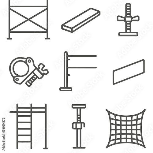 Scaffolding Equipment Icons. Line style icons of Scaffolding and Access Equipment: scaffolding frame, plank board, base jack,