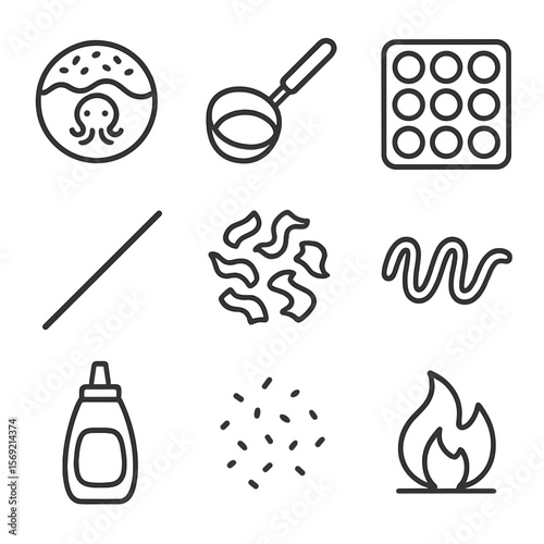 Takoyaki Icon Set. Line style icons of Takoyaki Street Balls: octopus ball, batter scoop, takoyaki pan, wooden skewer, bonito