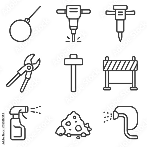 Demolition Tools Icons. Line style icons of Demolition and Wrecking Tools: wrecking ball, concrete breaker, hydraulic hammer,