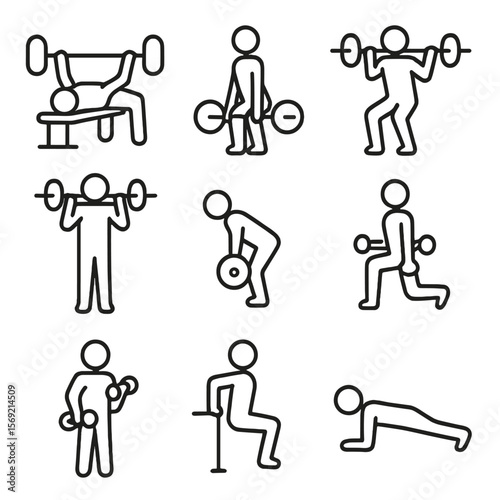 Strength Circuit Icons. Line style icons of Strength Circuits: bench press, deadlift, squat, overhead press, row, lunge, curl,