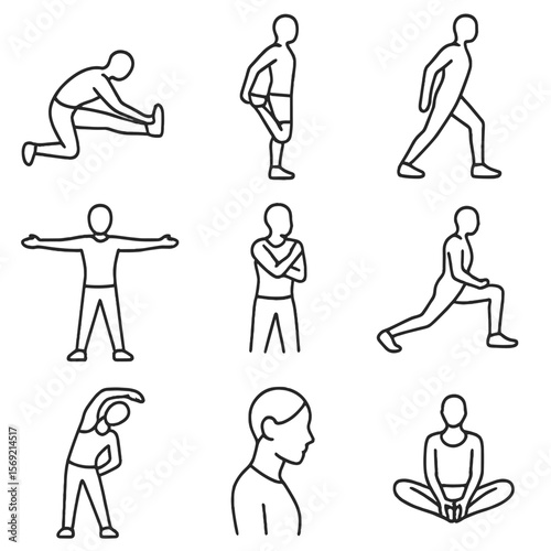 Stretching Routine Icons. Line style icons of Stretching Routine: hamstring stretch, quad stretch, calf stretch, chest opener,