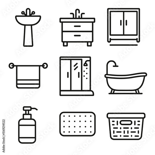 Bathroom Fixture Icons. Line style icons of Bathroom Fixtures: pedestal sink, vanity cabinet, mirror cabinet, towel rail, shower