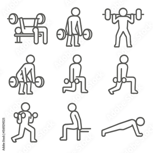 Strength Circuit Icons. Line style icons of Strength Circuits: bench press, deadlift, squat, overhead press, row, lunge, curl,