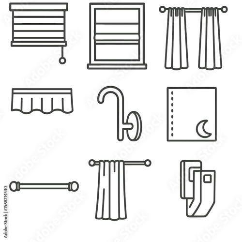 Window Treatment Icons. Line style icons of Window Treatments: roller blind, Roman shade, curtain panel, valance, tieback hook,
