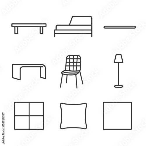 Minimalist Line Icons. Line style icons of Minimalist Designs: platform bench, low-profile bed, simple shelf, clear acrylic table,