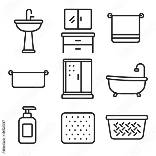 Bathroom Fixture Icons. Line style icons of Bathroom Fixtures: pedestal sink, vanity cabinet, mirror cabinet, towel rail, shower