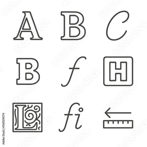 Typography Line Icons. Line style icons of Typography & Fonts: serif letter A, sans-serif letter B, script type C, bold weight