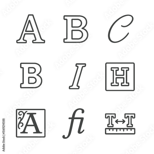 Typography Line Icons. Line style icons of Typography & Fonts: serif letter A, sans-serif letter B, script type C, bold weight