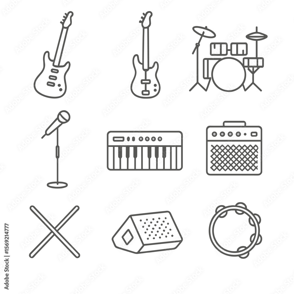Obraz premium Rock Band Icons. Line style icons of Rock Band Instruments: electric guitar, bass guitar, drum kit, microphone stand, keyboard,