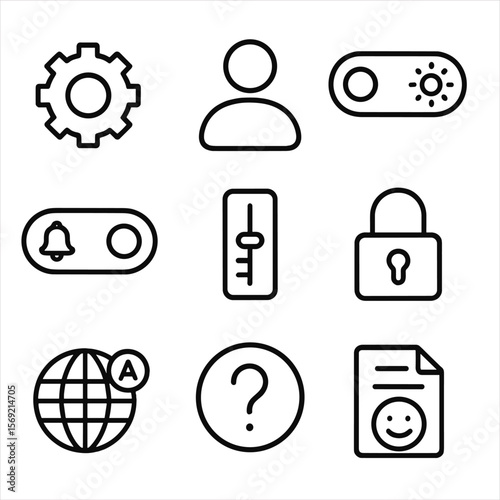 Settings Icon Collection. Line style icons of Settings & Preferences: gear icon, user avatar, theme switch, notification toggle,