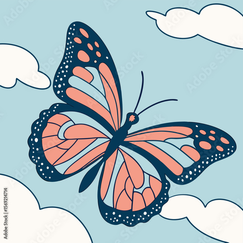 Pastel Butterfly in Flight: A charming pastel-colored butterfly with intricate wing patterns floats gracefully against a soft blue sky dotted with fluffy clouds.