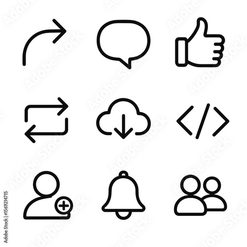 Social Media Icons. Line style icons of Social & Sharing: share arrow, comment bubble, like thumb, repost arrows, download cloud,