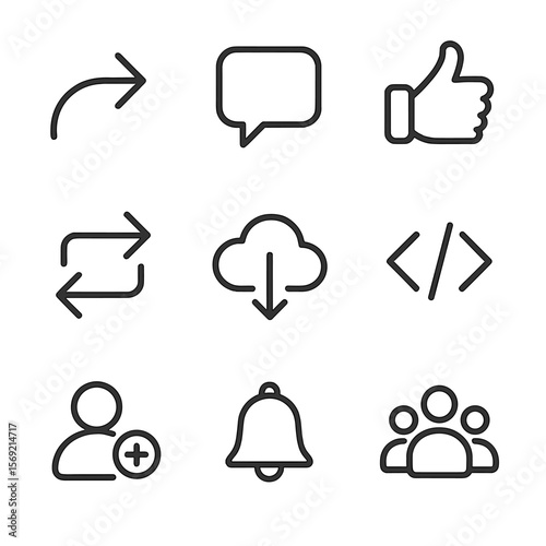 Social Media Icons. Line style icons of Social & Sharing: share arrow, comment bubble, like thumb, repost arrows, download cloud,