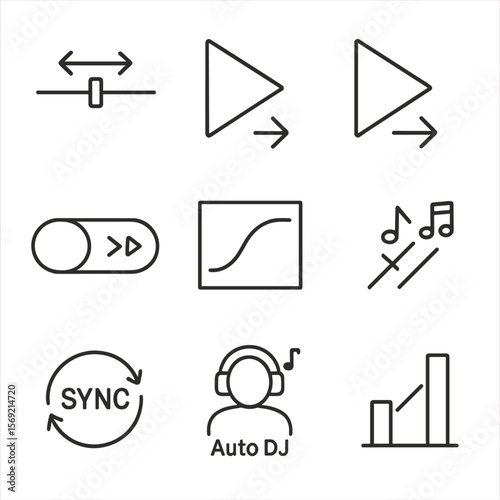 Music Transition Icons. Line style icons of Crossfade & Transition: crossfade slider, fade-in icon, fade-out icon, gapless toggle,