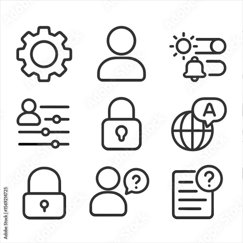 Settings Icon Collection. Line style icons of Settings & Preferences: gear icon, user avatar, theme switch, notification toggle,