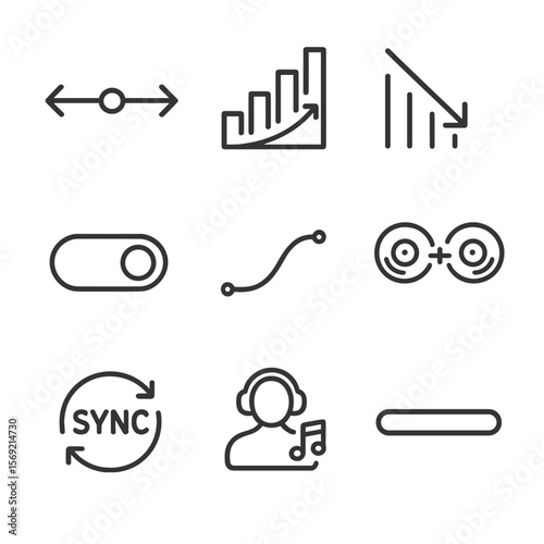 Music Transition Icons. Line style icons of Crossfade & Transition: crossfade slider, fade-in icon, fade-out icon, gapless toggle,