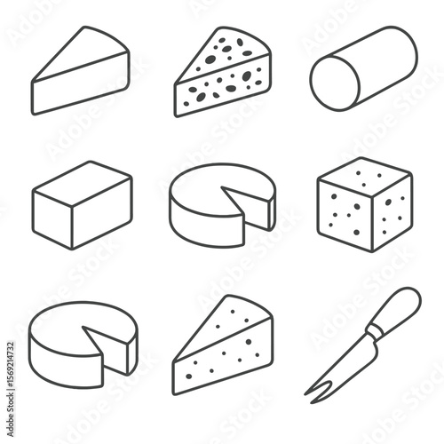 Artisanal Cheese Icons. Line style icons of Artisanal Cheeses silhouette: Brie wedge, blue cheese slice, goat cheese log, cheddar